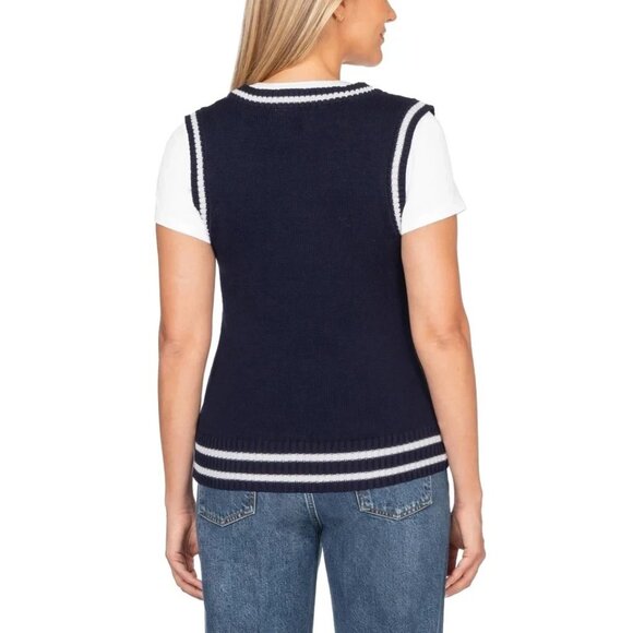NEW In Conversation Women's L Preppy Navy Blue White Trim Knit Sweater Vest - Picture 2 of 7